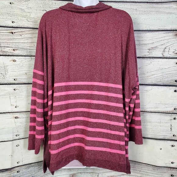 Maurices Women’s Plus 1X Burgundy Striped Collared Long Sleeve Top - Picture 2 of 7